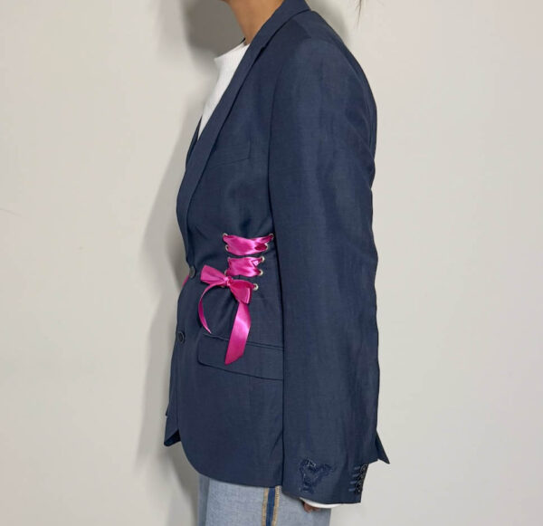 Blue tailored blazer silver rings